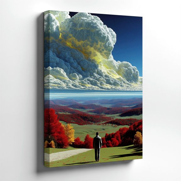 Surreal Landscape Giant Clouds Valley Autumn Trees Figure Poster, Seasonal Living Room And Home Decor