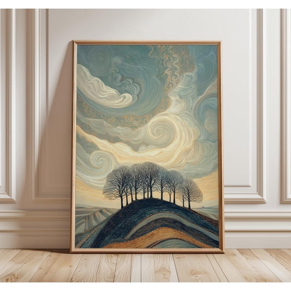 Surreal Landscape Swirling Sky Hill Nature Dreamy Tree Wall Art Unframed Paper Print