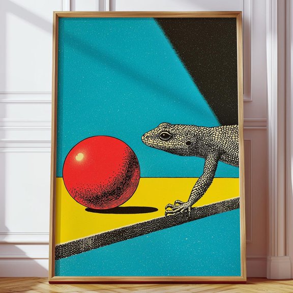 Surreal Lizard And Red Sphere, Ball Illustration Poster - Retro Pop Art Wall Art, Modern Wall Decor, 24x36 UNFRAMED