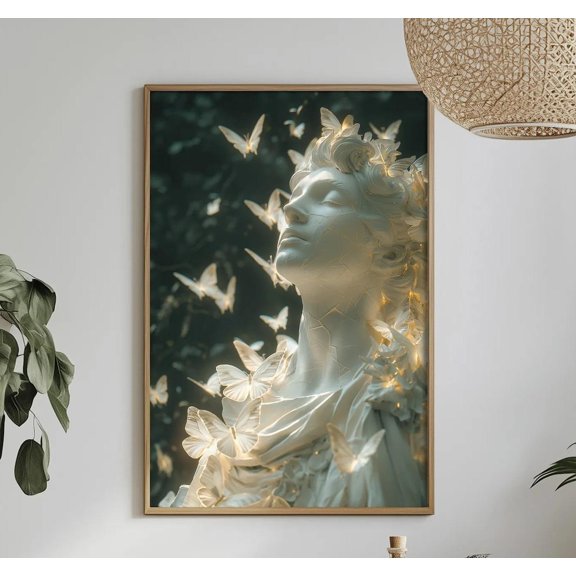 Surreal Marble Statue Wall Art Butterflies In Dark Luxury Scene Dramatic Modern Statement Decor For Office, Unframed Poster