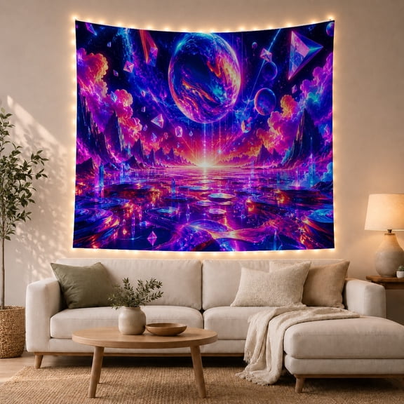 Surreal Marbled Planet with Crystals in Starry Sky, Energetic Psychedelic for Space Enthusiasts, Cosmic Celestial Art Decor, Housewarming Gift Tapestry Wall Hanging for Living Room and Bedroom