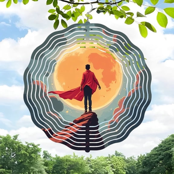 Surreal Metal Hanging Wind Spinners & Chimes - Concentric Wave Design for Enchanting Yard & Garden Decor Captivating Orange Moon Vibe