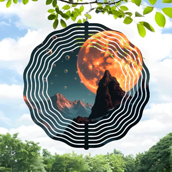 Surreal Metal Hanging Wind Spinners & Chimes - Ethereal Wave Patterns for Enchanting Yard & Garden Decor Fiery Moon Vibes