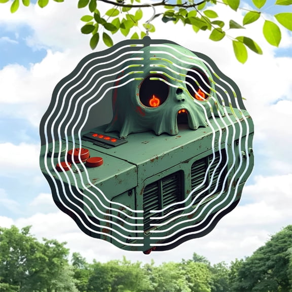 Surreal Metal Hanging Wind Spinners - Skull Design with Glowing Eyes Retro Rusted Machine Circular Pattern for Yard & Garden Decor