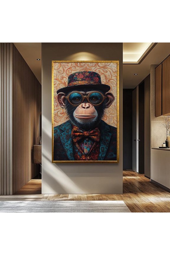 Surreal Monkey Portrait, Dapper Chimp in Glasses and Floral Suit, Whimsical Eclectic Decor Wall Art Print