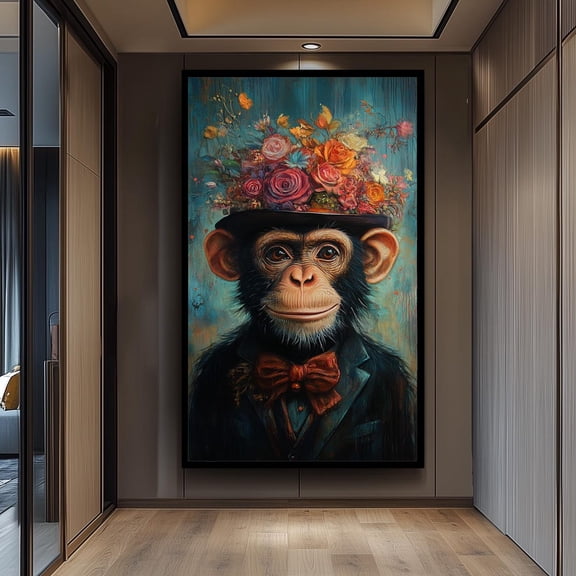Surreal Monkey Wall Art, Floral Hat And Bow Tie Chimp Portrait