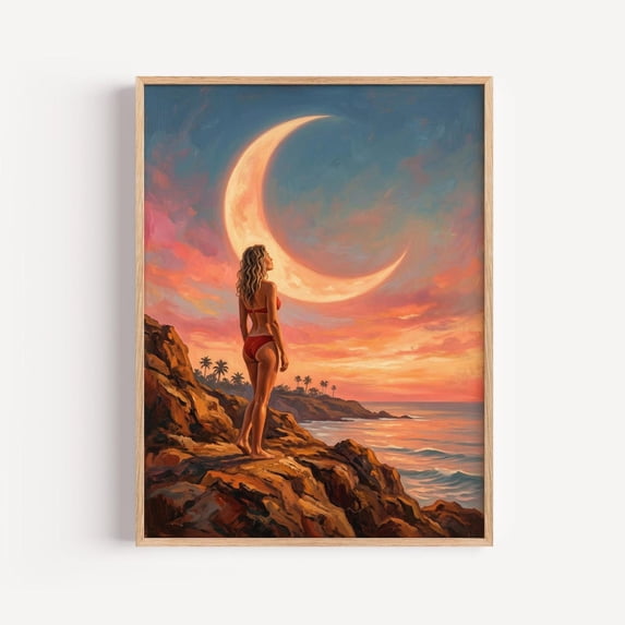 Surreal Moon Ocean Wall Art, Romantic