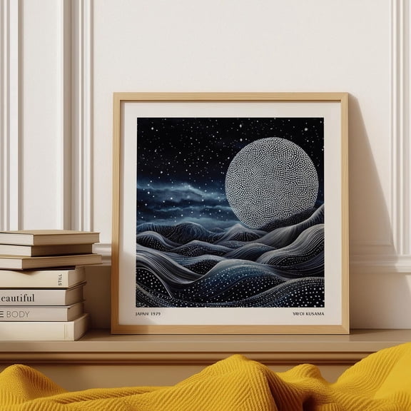 Surreal Moonlit Landscape Wall Art Yayoi Kusama Inspired Cosmic Poster Square Dreamlike Decor For Living Room, Bedroom Wall Art, Modern Wall Decor, 24x24 UNFRAMED
