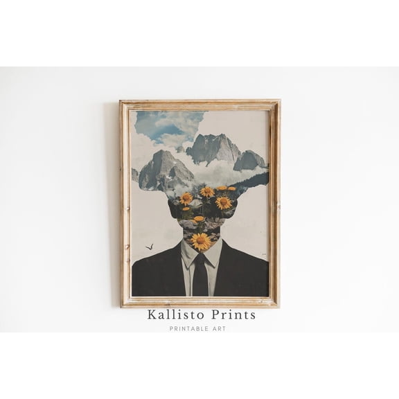 Surreal Mountain Head Print Poster, Abstract Nature , Modern Collage Wall Decor, Dreamy Landscape Artwork, Him,863, Size 16x24 UNFFRAMED F03.1.6l2161