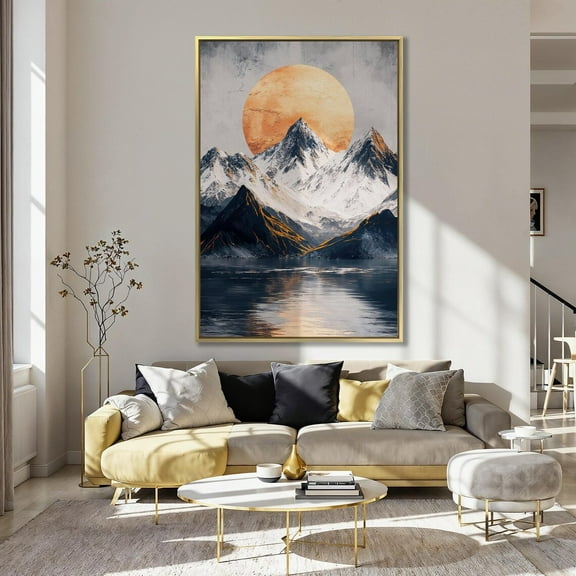 Surreal Mountain Lake Art Snow Capped Peaks, Sun Landscape, 8x12 UNFRAMED