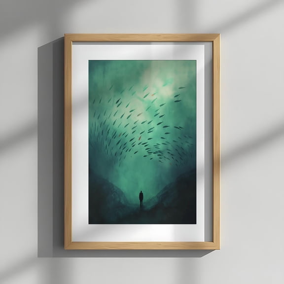 Surreal Ocean Sky Poster, Floating Fish Wall Art, Dreamlike Green Landscape, Minimalist Silhouette Art, Moody Decor, Modern Home Gift, Poster Only