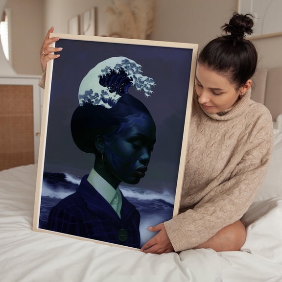 Surreal Ocean Wave Art Print, Afro Girl Portrait With Water And Waves, Surrealism Artwork, Ocean-Themed, Wall Art, Modern Wall Decor, 24x36 UNFRAMED