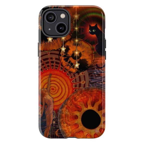 Surreal Orange & Black Phone Case, Mystic Cat Abstract Spiral Art Protective Cover for iPhone 17 16 15 14 13 12 11 Pro Plus Mini