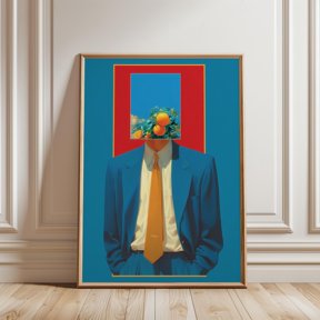 Surreal Orange Head Poster, Modern Figurative Wall Art, Minimal Concept Portrait, Poster Only