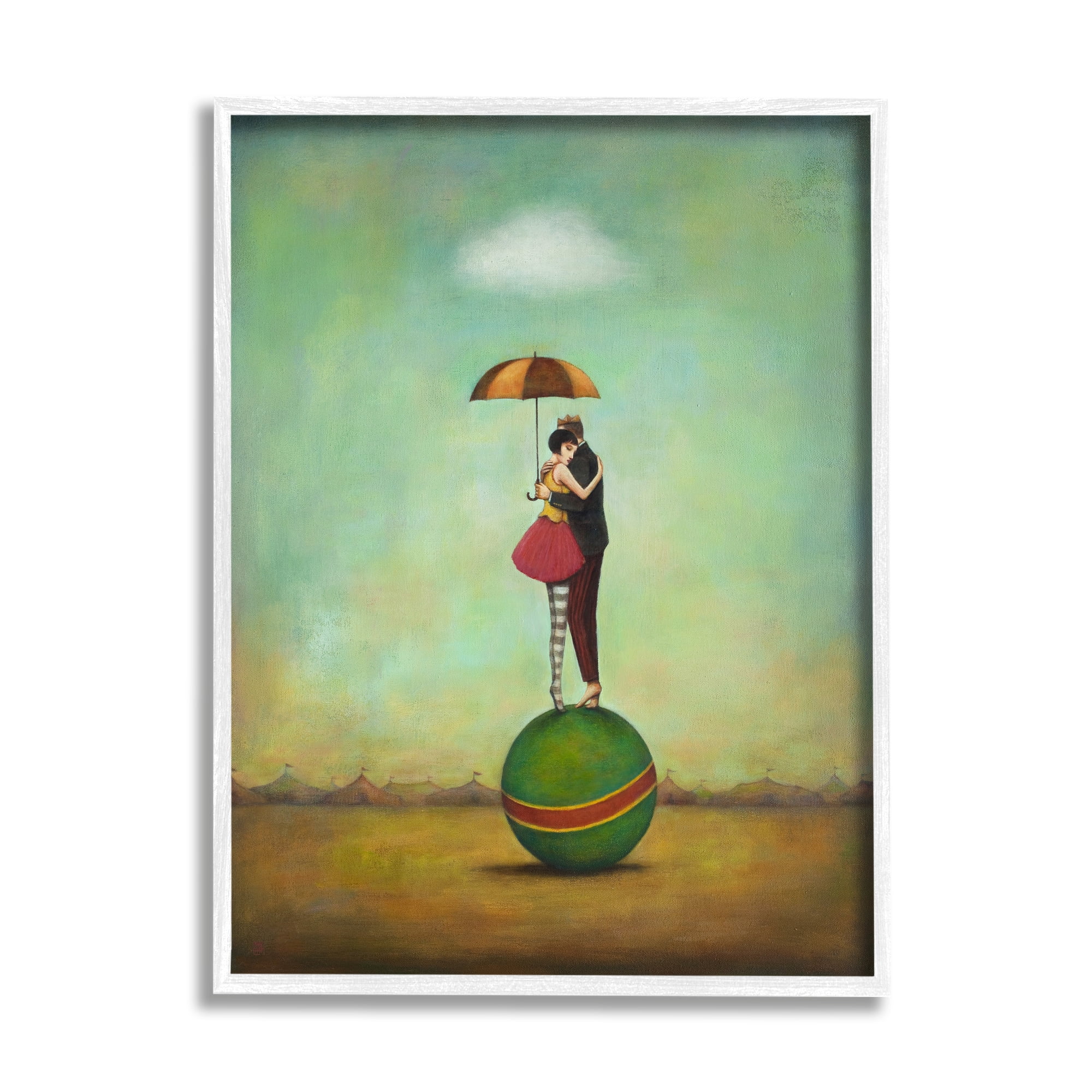 Surreal People & Umbrella Balancing Green Striped Ball Novelty Painting Framed Art Print Wall Art