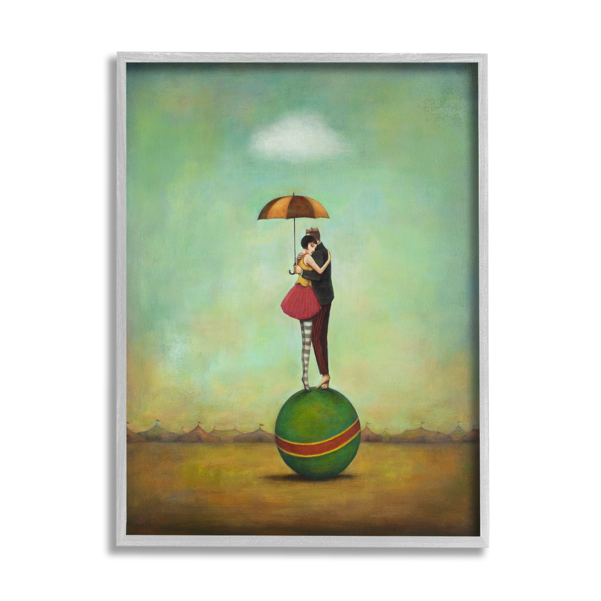 Surreal People & Umbrella Balancing Green Striped Ball Novelty Painting Framed Art Print Wall Art