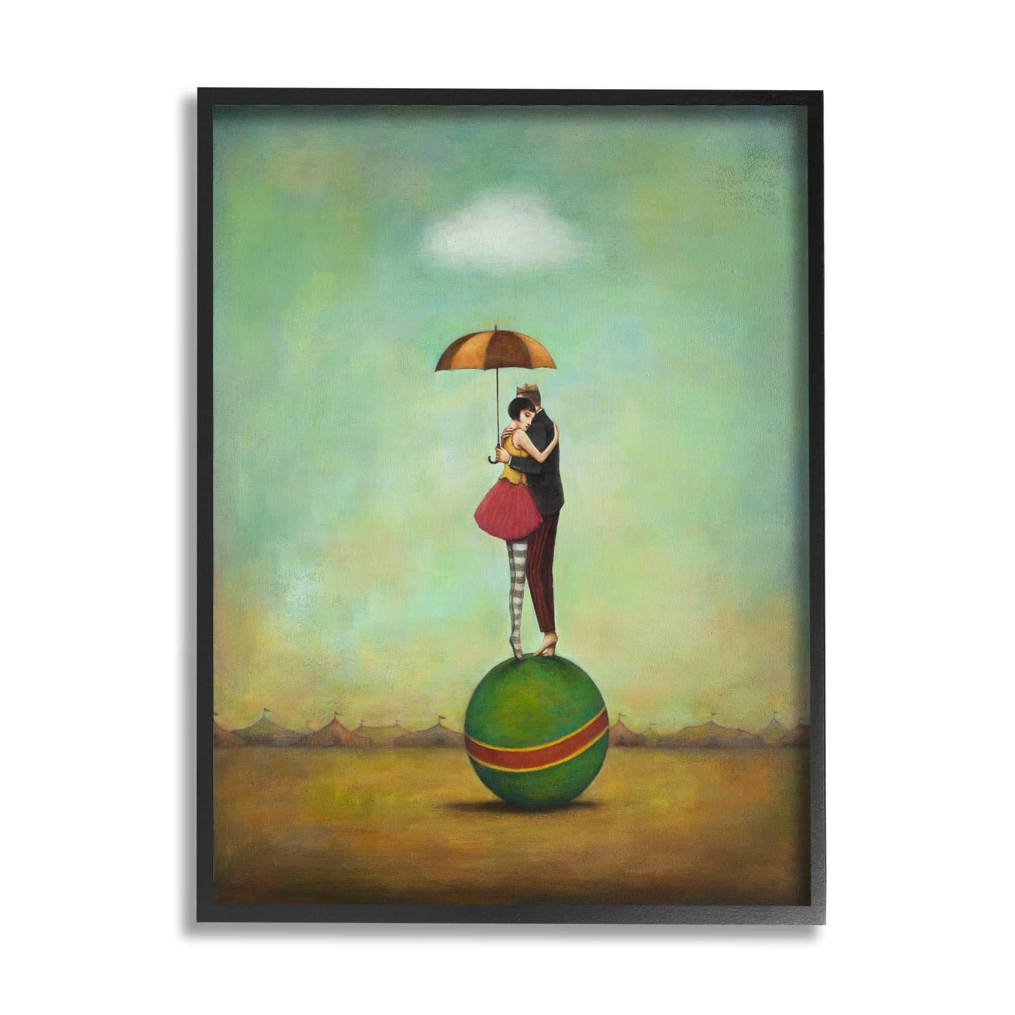 Surreal People & Umbrella Balancing Green Striped Ball Novelty Painting Framed Art Print Wall Art