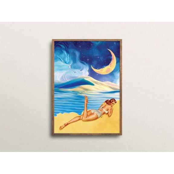 Surreal Pin up Girl Beach Landscape Collage Art, Unframed Poster