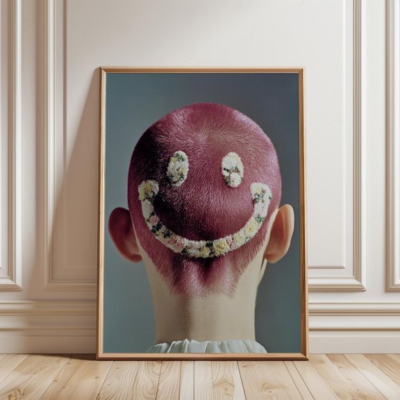 Surreal Pink Shaved Head Floral Smiley Face Print Quirky Wall Art, Unframed Paper Print