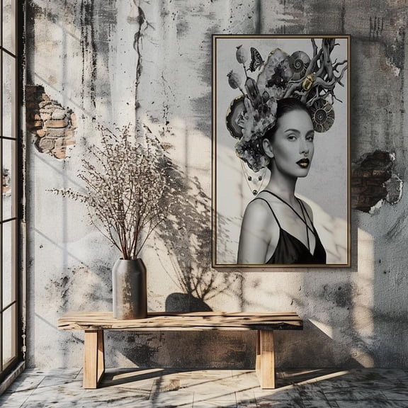 Surreal Portrait Wall Art Monochrome Woman with Nature Elements Butterfly Seashells Elegant Home Decor for Modern Spaces