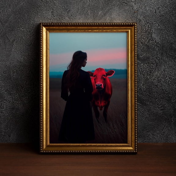 A Surreal Portrait Woman And Red Cow At Dusk Mysterious Artwork Mystical Aura Dark Romantic Landscape Dreamlike Atmosphere Horror Style One, Unframed Paper Print