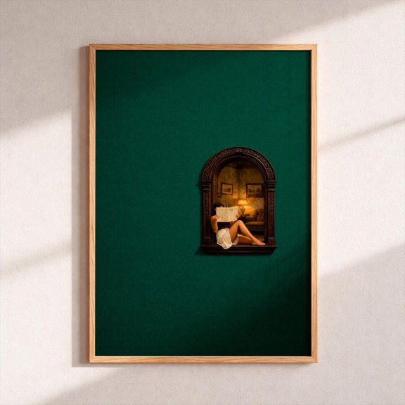 Surreal Reading Woman Poster, Dreamy Hidden Nook Wall Art, Unframed Paper Poster 8x10in