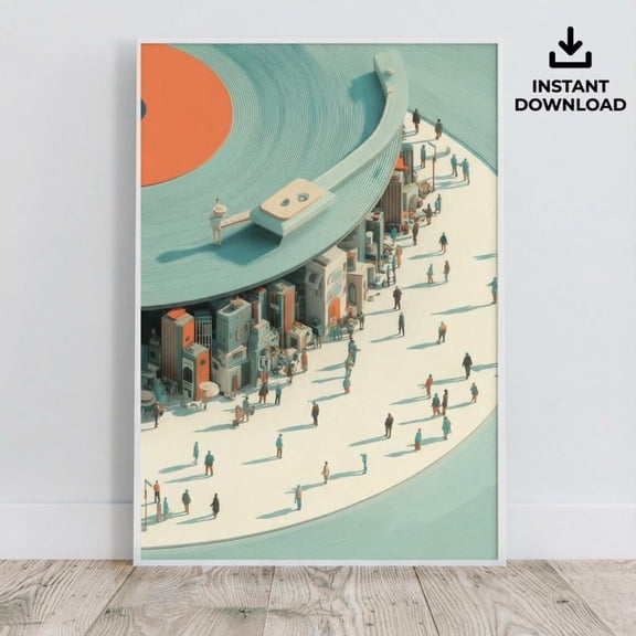 Surreal Record Player Wall Art | Retro Vinyl Cityscape Print | Music Poster, Unframed Paper Poster 8x10in