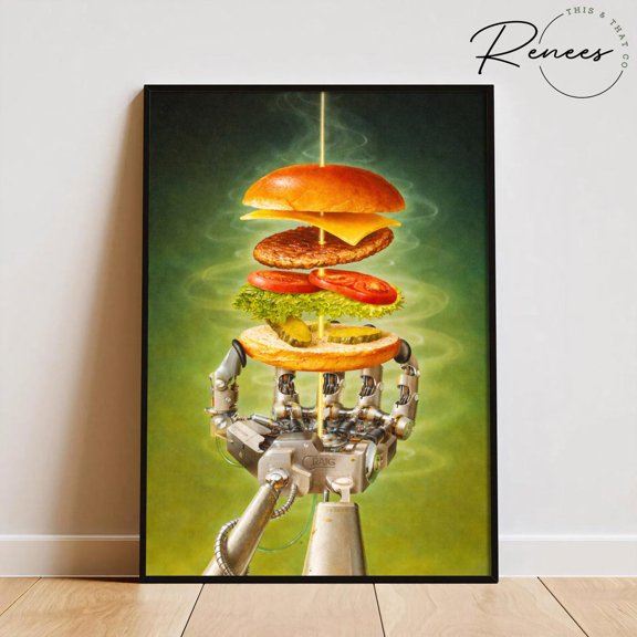 Surreal Robotic Burger Wall Art Floating Food Foot Aesthetic Print Mordern Kitchen Decor
