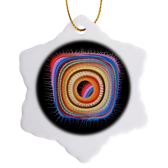 3drose, Surreal Sci Fi Gold and Blue Eyeball Alien Floating Through Space on Black Background, 3 inch Snowflake Porcelain Ornament