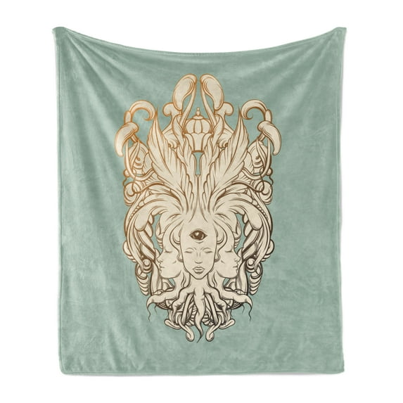 Surreal Soft Flannel Fleece Throw Blanket, Illustration of a Fortune Teller with 3 Heads and Floral Baroque Art, Cozy Plush for Indoor and Outdoor Use, 60" x 80", Reseda Green Cream, by Ambesonne