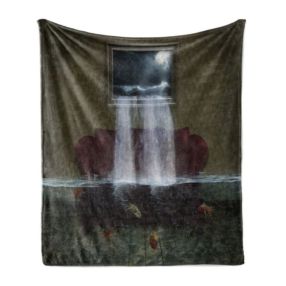Surreal Soft Flannel Fleece Throw Blanket, Imaginary Aquarium Room with a Sofa and Flooded Picture on the Wall, Cozy Plush for Indoor and Outdoor Use, 50" x 60", Green Brown Dark Maroon, by Ambesonne