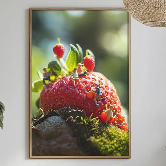 Surreal Strawberry Landscape Wall Art Print, Miniature Food Scene And Summer Kitchen Decor