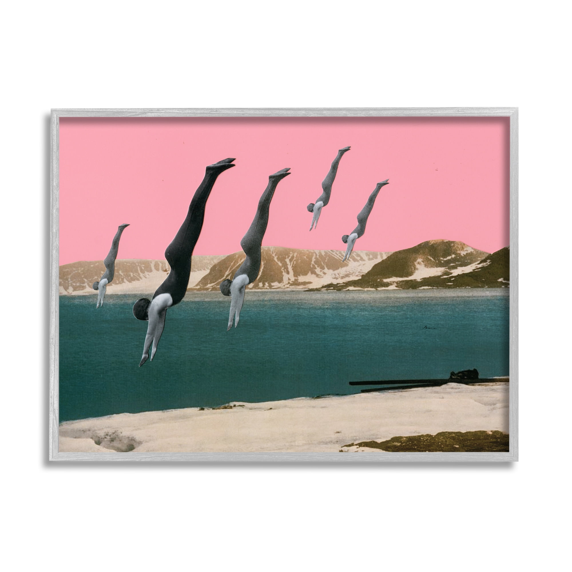 Surreal Swimmers Diving Modern Pink Sunset Landscape Abstract Graphic Art Framed Art Print Wall Art