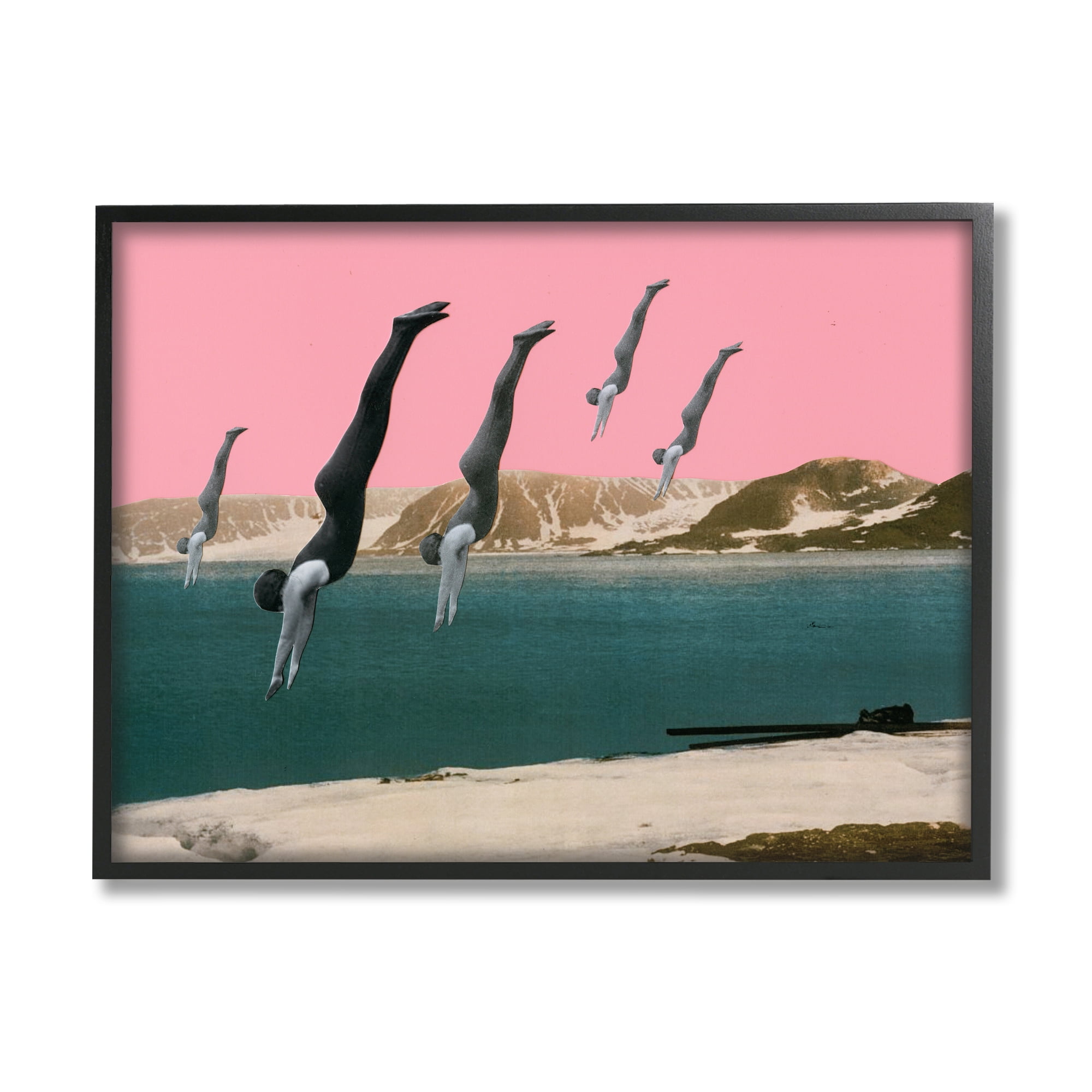 Surreal Swimmers Diving Modern Pink Sunset Landscape Abstract Graphic Art Framed Art Print Wall Art