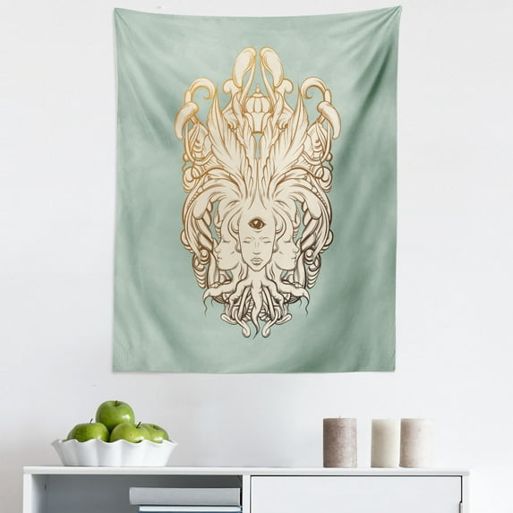 Surreal Tapestry, Illustration of a Fortune Teller with 3 Heads and Floral Baroque Art, Fabric Wall Hanging Decor for Bedroom Living Room Dorm, 5 Sizes, Reseda Green Cream, by Ambesonne