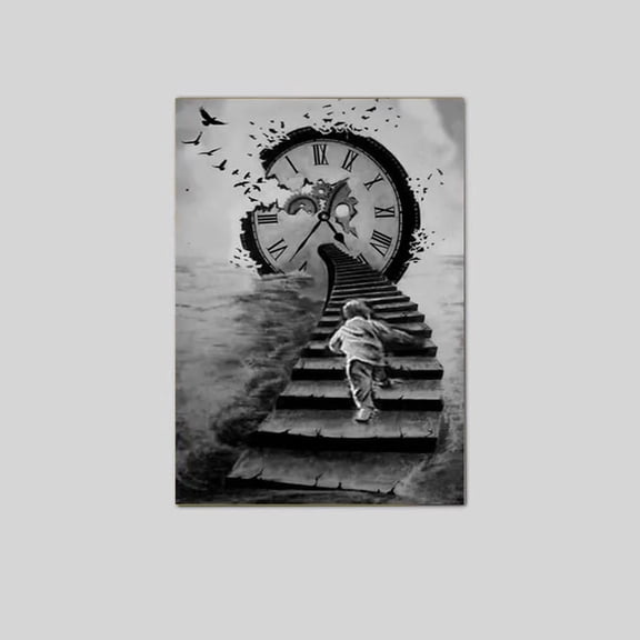Surreal Time Staircase, Child Running Wall Art, Abstract Clock Design, Monochrome Home Decor, Mystical Fantasy Poster Size 24''x36'' Googate