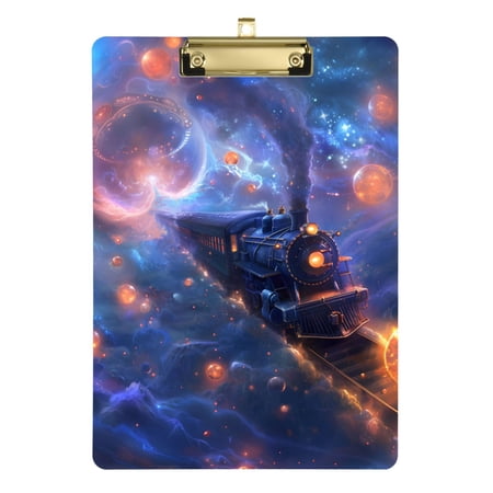 Surreal Train Traveling in Universe Acrylic Clipboard Drawing Board with Hook Writing Pad File Storage A4 Size Gold 12.5" x 9"