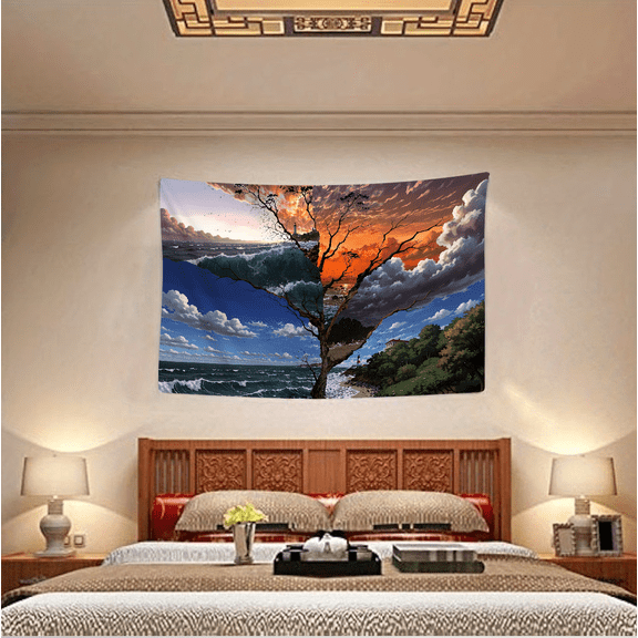 Surreal Tree and Ocean Tapestry - Majestic Bare Tree Splitting Sky and Sea, Lighthouse on Cliff at Sunset, Fantasy Landscape Wall Art for Bedroom, Living Room, Study Decor