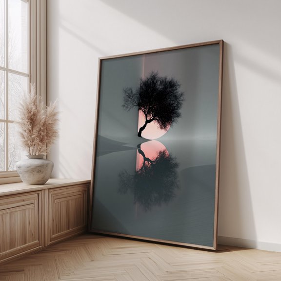 Surreal Tree Reflection Poster Minimalist Sunset Wall Art Grey Landscape Poster , Poster Print Only
