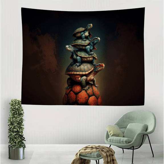 Surreal Turtle Stack Tapestry - Whimsical Animal Totem Wall Art, Fantasy Nature Decor for Living Room & Bedroom