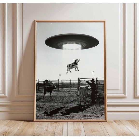 Surreal UFO Cow Sci-Fi Poster Unframed Paper Print