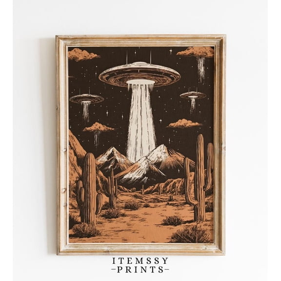 Surreal Ufo Wall Decor Boho Desert Art Vintage Cactus Landscape Eclectic Botanical Bohemian Hanging, Unframed Paper Print