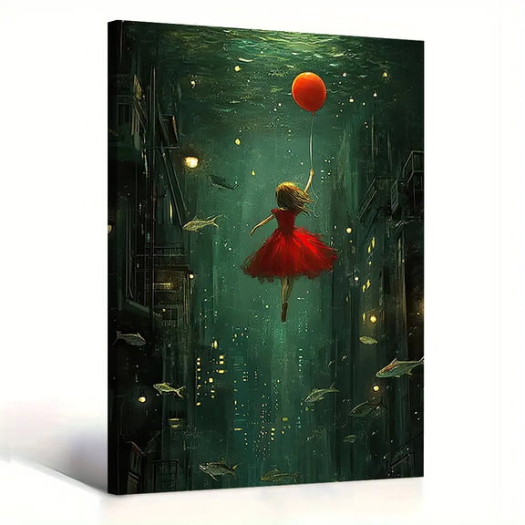Surreal Underwater City Canvas Wall Art Fantasy Girl Red Dress Floating Balloon Painting Living Room Bedroom Whimsical Decor Print Ready to Hang 8*12