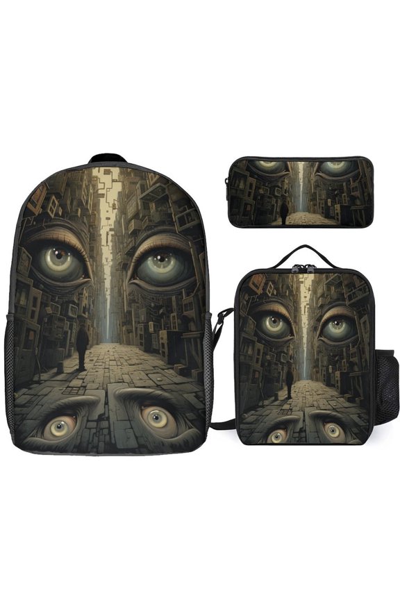 Surreal Watchful City 3pcs/Set Bags Laptop Daypack Backpack Lunch Bag Pencil Case