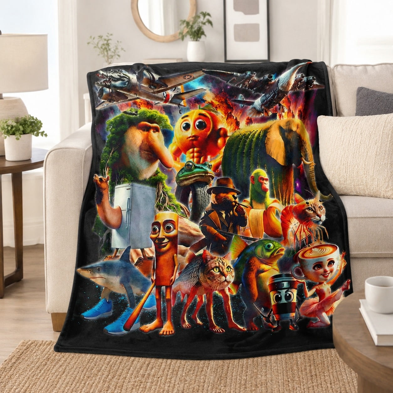 Surreal Weirdcore Animal Collage Funny Quirky Fleece Throw Blanket
