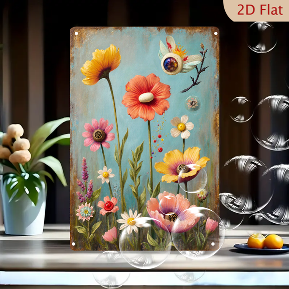 Surreal Whimsical Garden Vertical 8x12in Metal Wall Art, Painterly Rusty Brown to Teal Blue Background with Vibrant Flowers, Bird Creature and Glowing Orb, Fantasy Decor for Living Room Bedroom