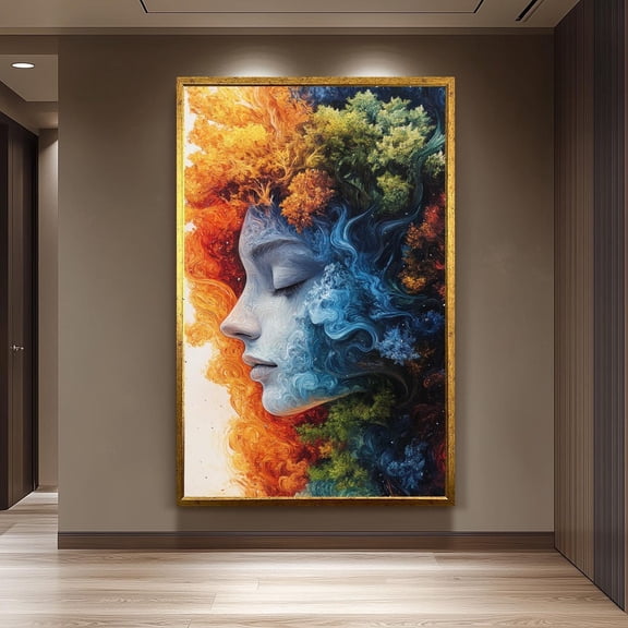 Surreal Woman Face Print Fire Water Portrait Modern Home Decor, Unframed Paper Poster 8x10in