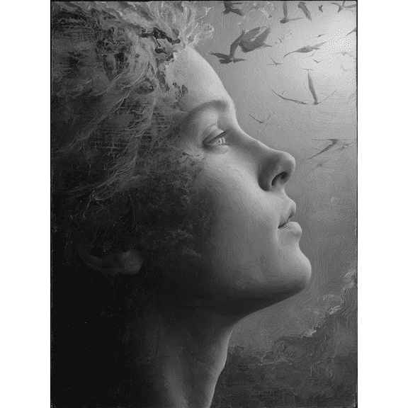 Surreal Woman Portrait With Birds Canvas Print, Black & White Art, Suitable for Living Room, Bedroom, Office