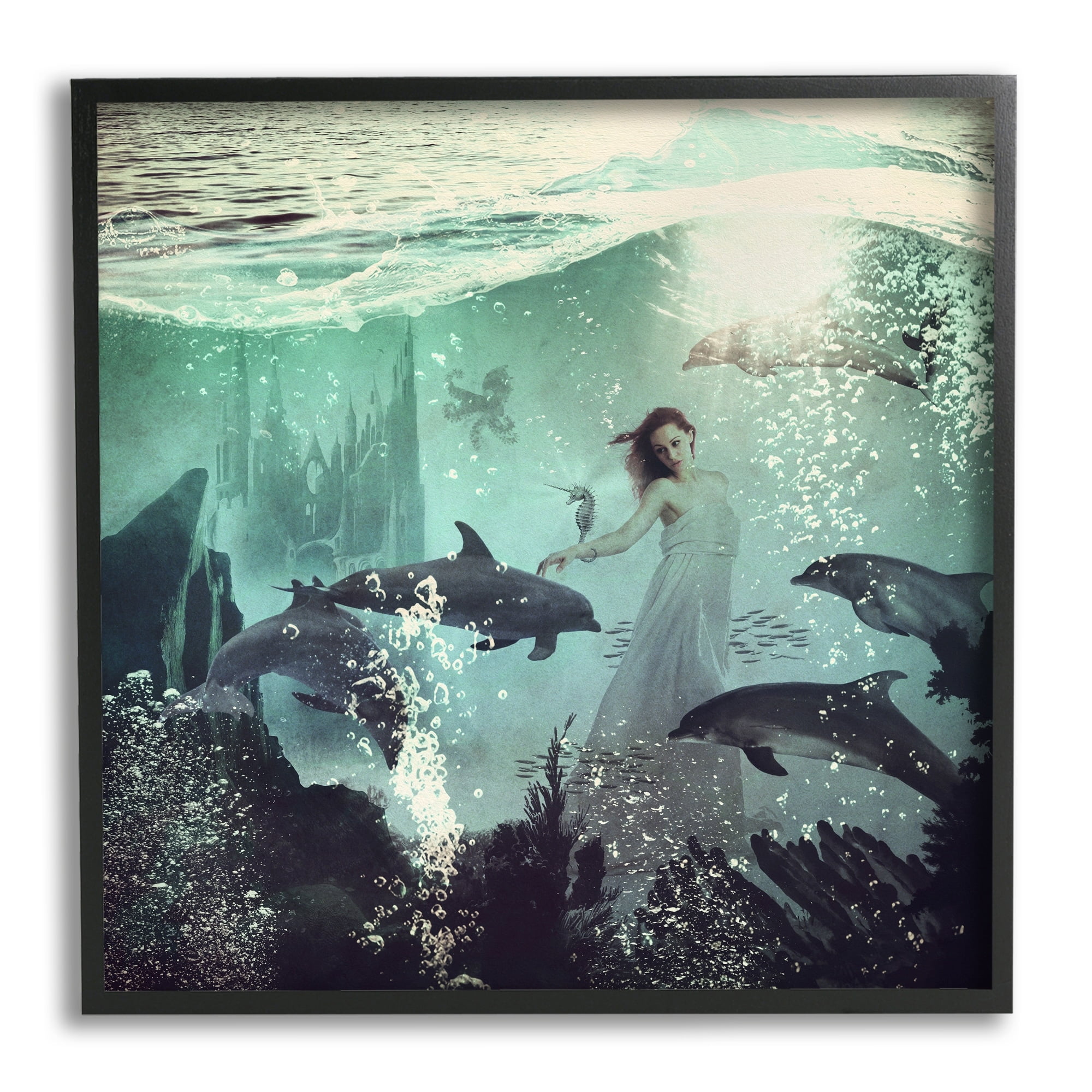 Surreal Woman Underwater Dolphins Splashing Bubbles Animals & Insects Graphic Art Framed Art Print Wall Art