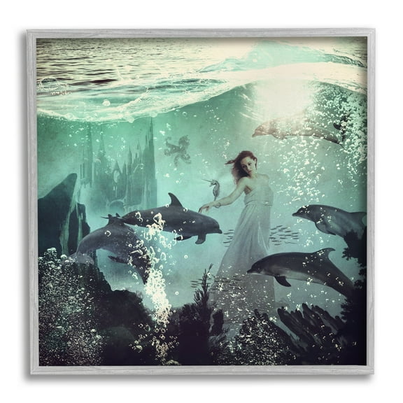 Surreal Woman Underwater Dolphins Splashing Bubbles Animals & Insects Graphic Art Framed Art Print Wall Art